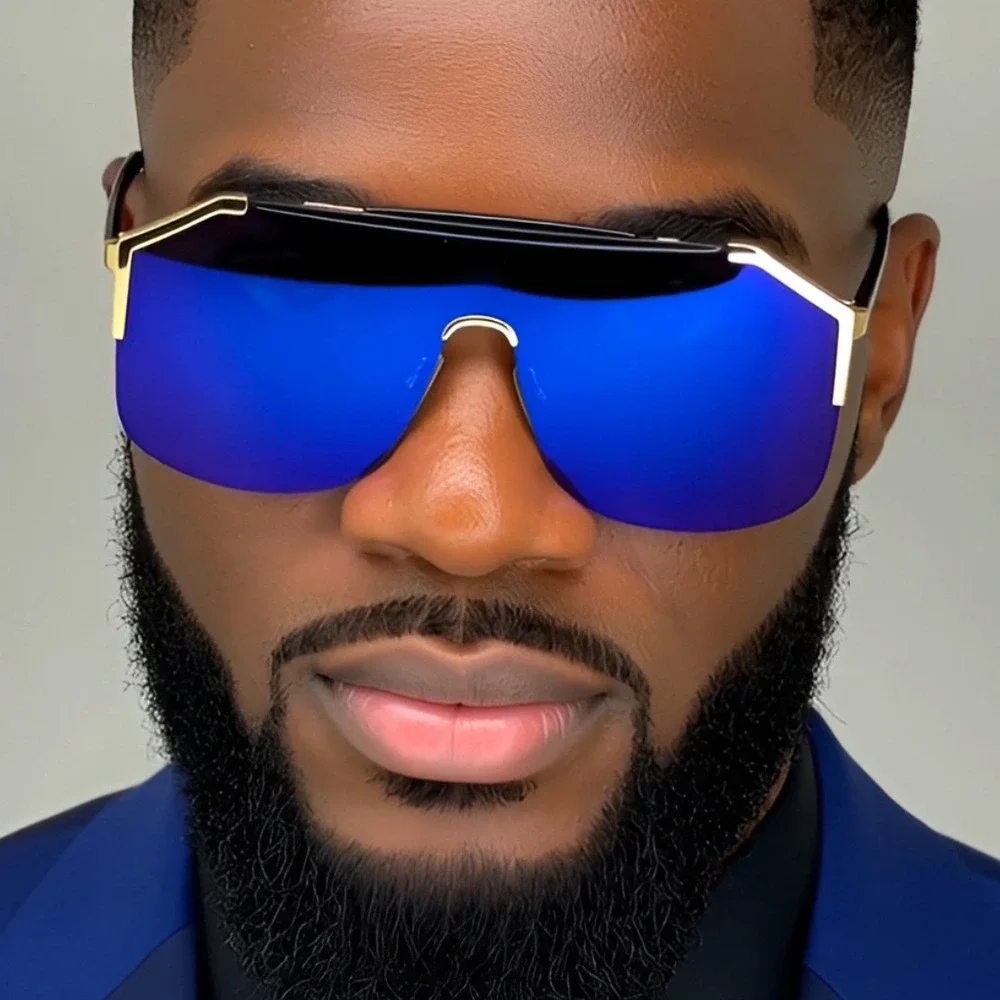 Shield Sunglasses Blue Mirrored Lens Gold Trim Fashion Visor Men‎ Glasses Gafas